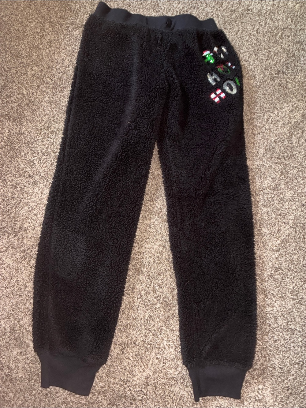 Black Sherpa Womens Jogger Pants with Holiday Embroidery